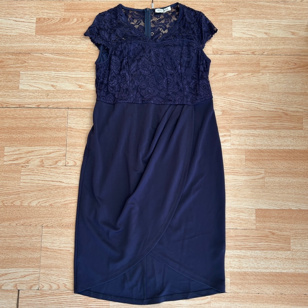 NWT Kate Kasin Navy Blue Lace Illusion Top Wrap Cocktail Pencil Dress XL